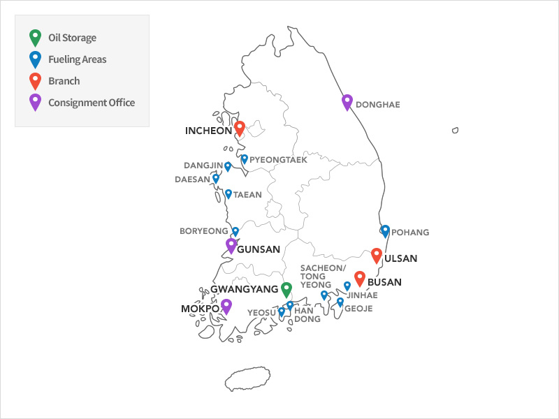 항구정보 저유소,급유가능지역, 지사, 위탁사무소를 표시한 지도